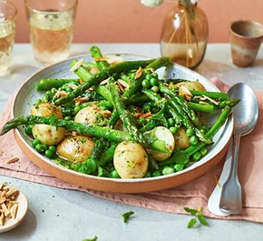 Recipe: Asparagus with peas, mint & Jersey Royals in wild garlic butter